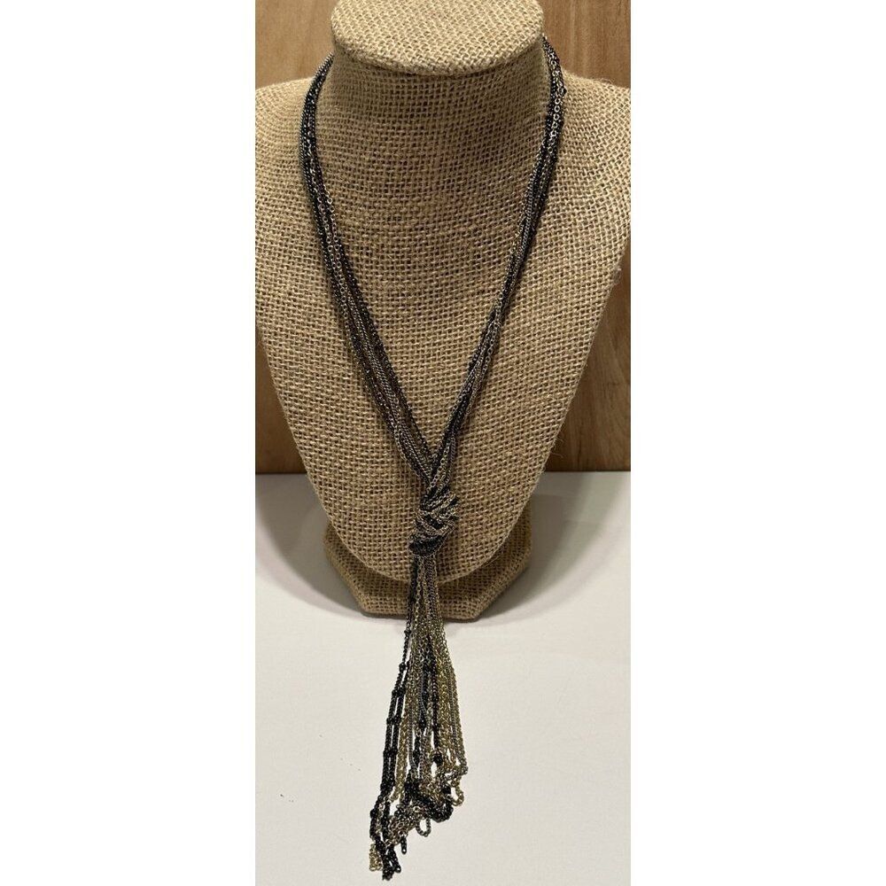 BCBGeneration Multi Tone Knotted Metal Chain MultiStrand Necklace Tassel 18-20”
